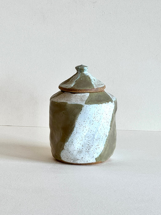 Olive And Cream Speckled Jar With Lid