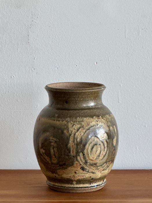 Large Green And Tan Jar With Lid