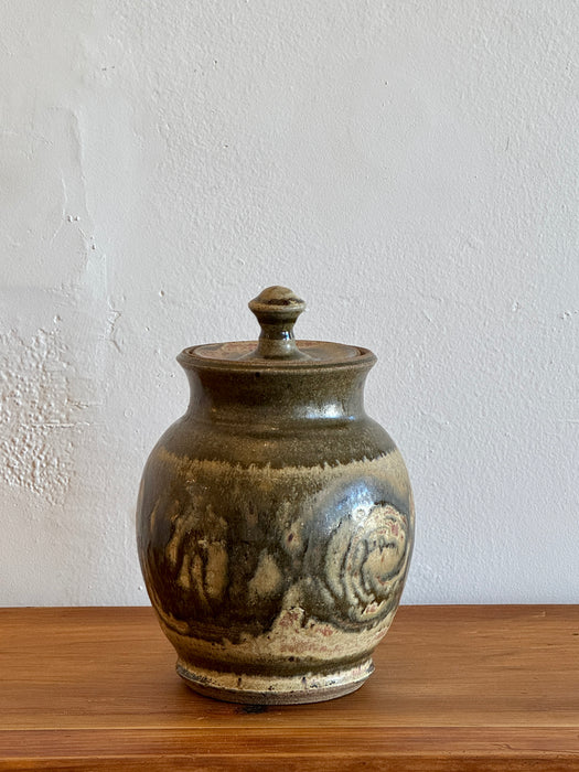 Large Green And Tan Jar With Lid