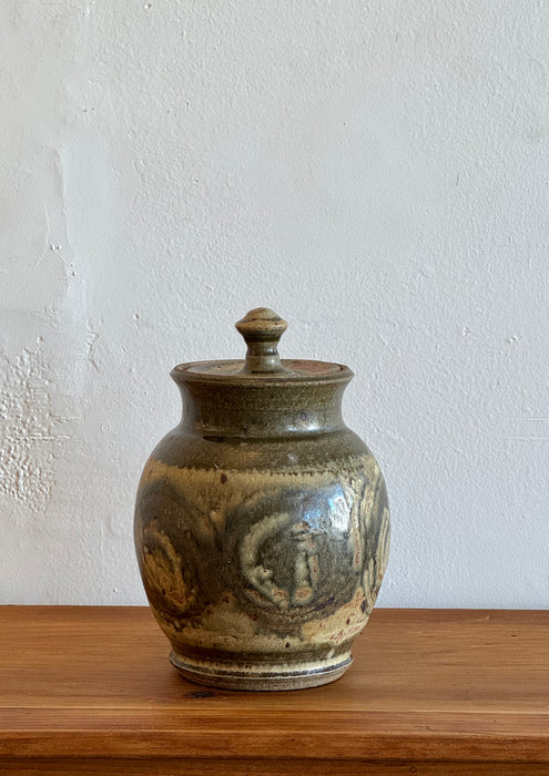 Large Green And Tan Jar With Lid