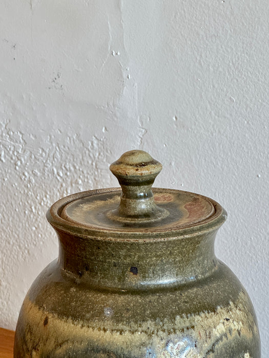 Large Green And Tan Jar With Lid