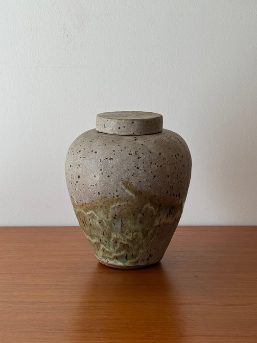 Large Green And Speckled Jar With Lid