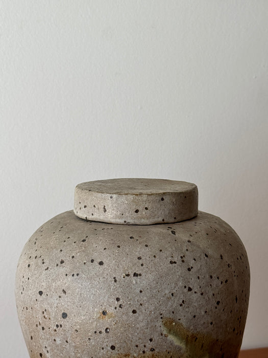 Large Green And Speckled Jar With Lid