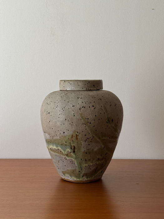Large Green And Speckled Jar With Lid